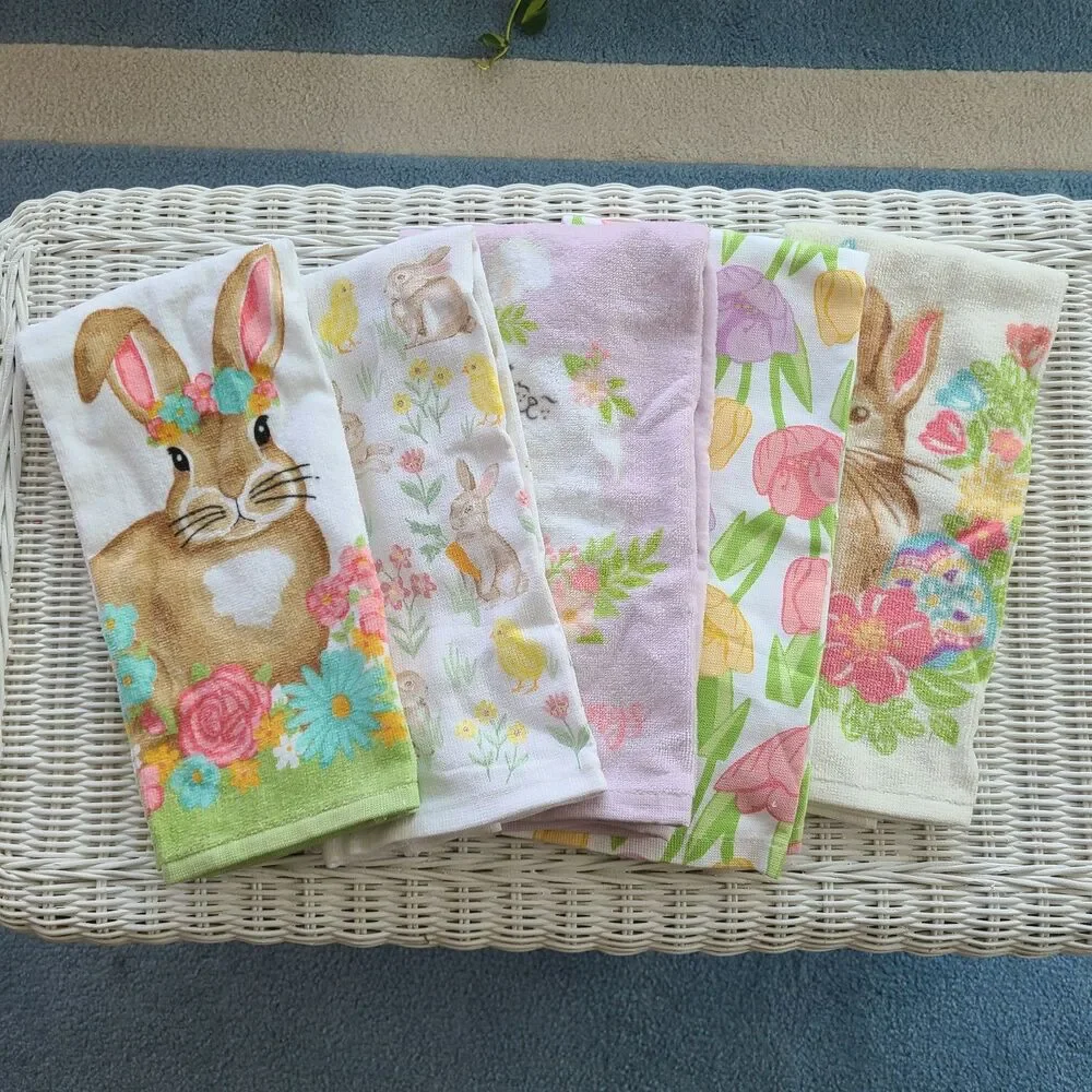 Set of Five Easter Bunny and Spring Floral Terrycloth Kitchen Towels 100% Cotton